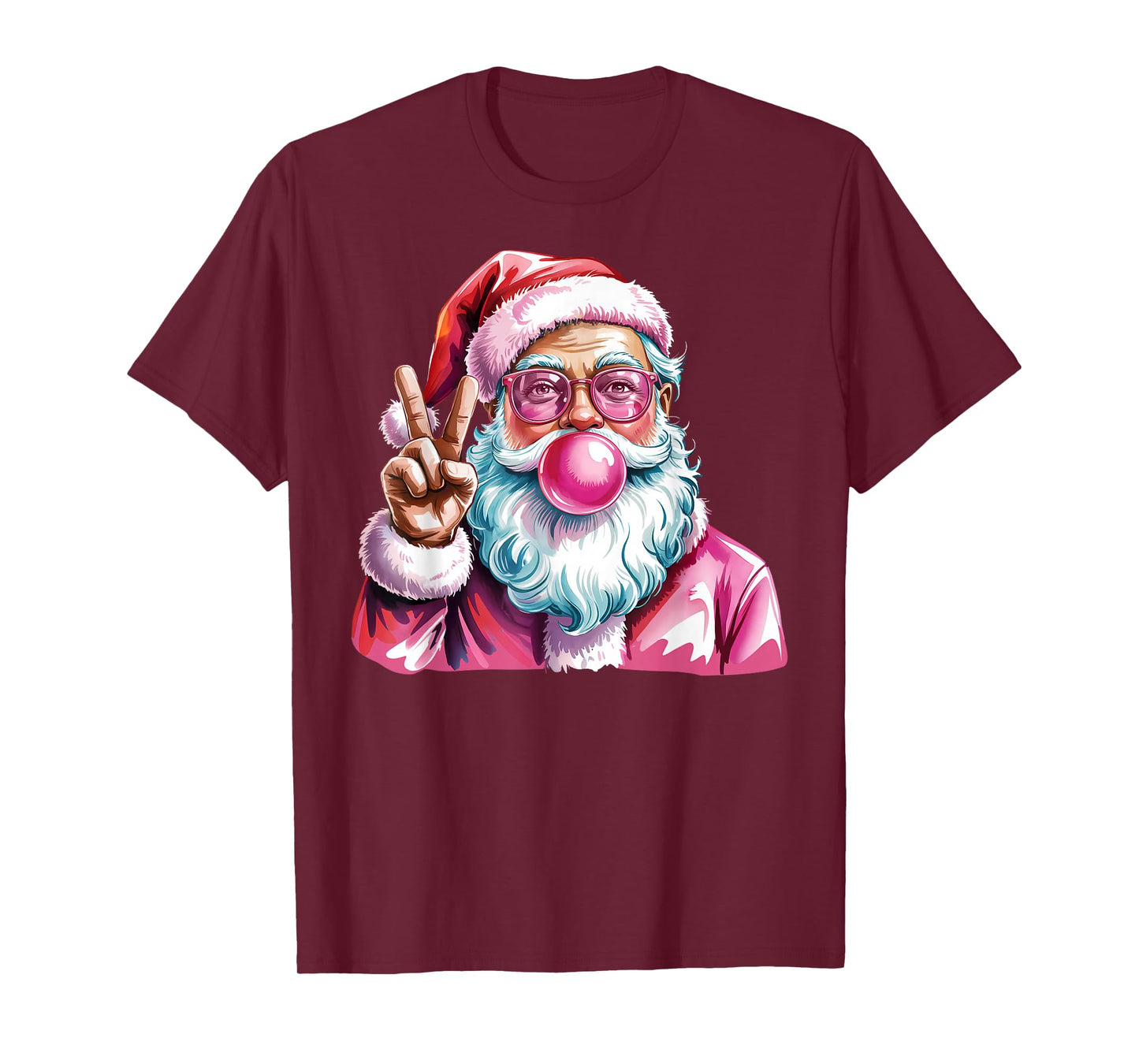 Christmas Peace Sign Hand Santa Claus Pink Bubble Gum Xmas T-Shirt