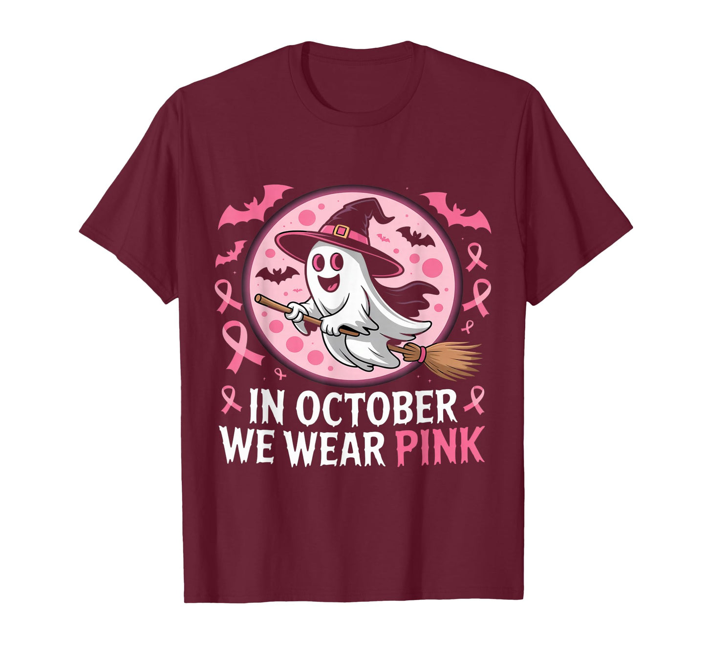 in October We Wear Pink Ghost Witch Breast Cancer Awareness T-Shirt