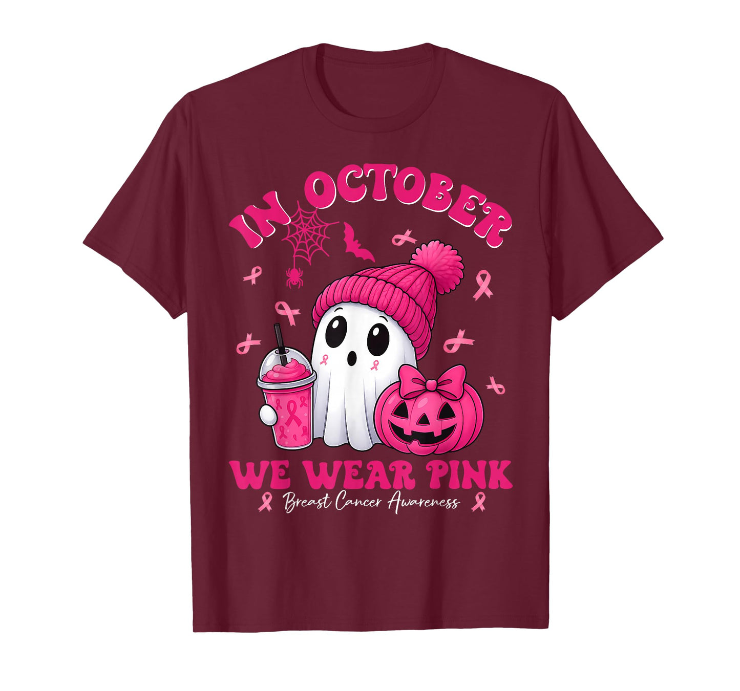 in October We Wear Pink Ghost Witch Breast Cancer Awareness T-Shirt