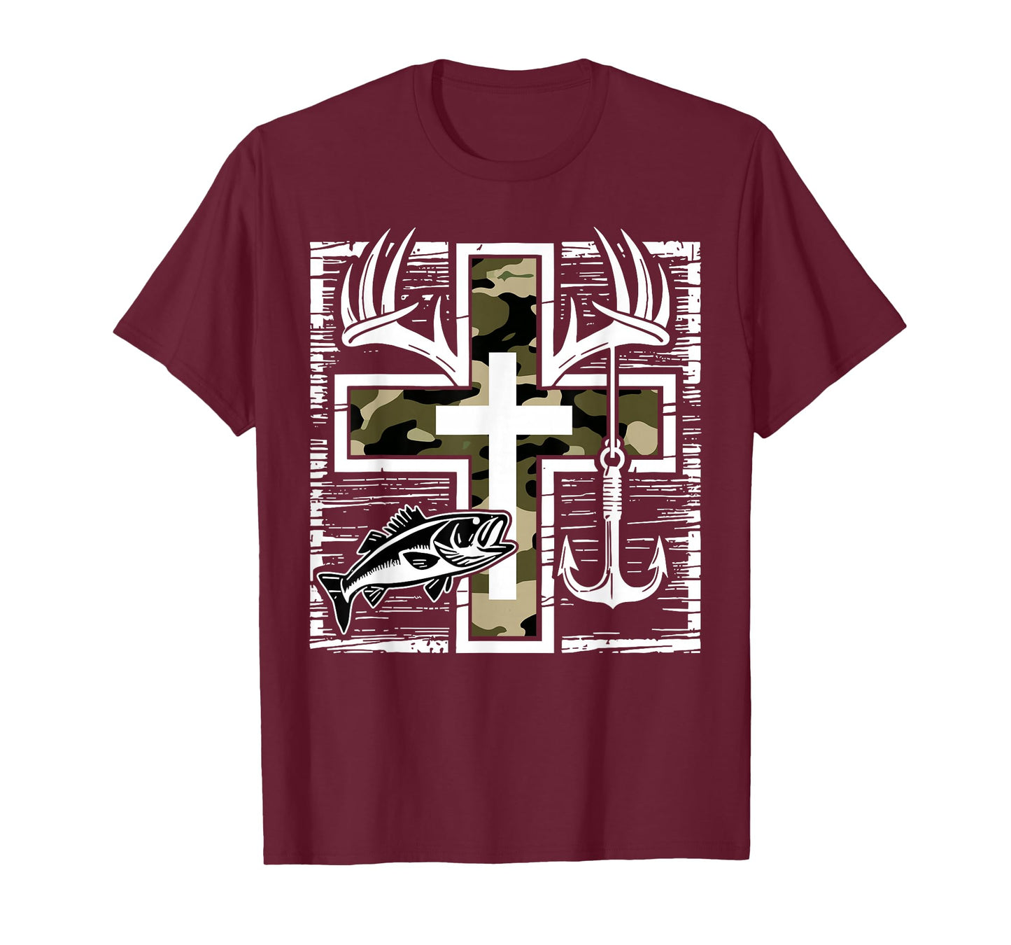 Faith Fishing Hunting Camo Cross with Hook Bass Christian T-Shirt