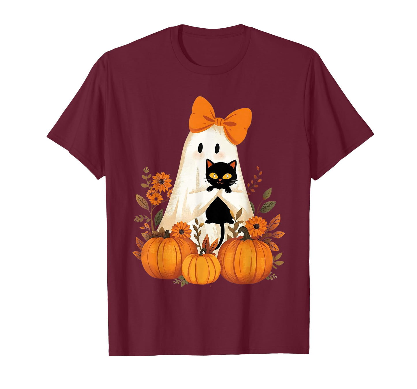 Vintage Halloween Ghost Holding Cat Groovy Floral Cat Meme T-Shirt