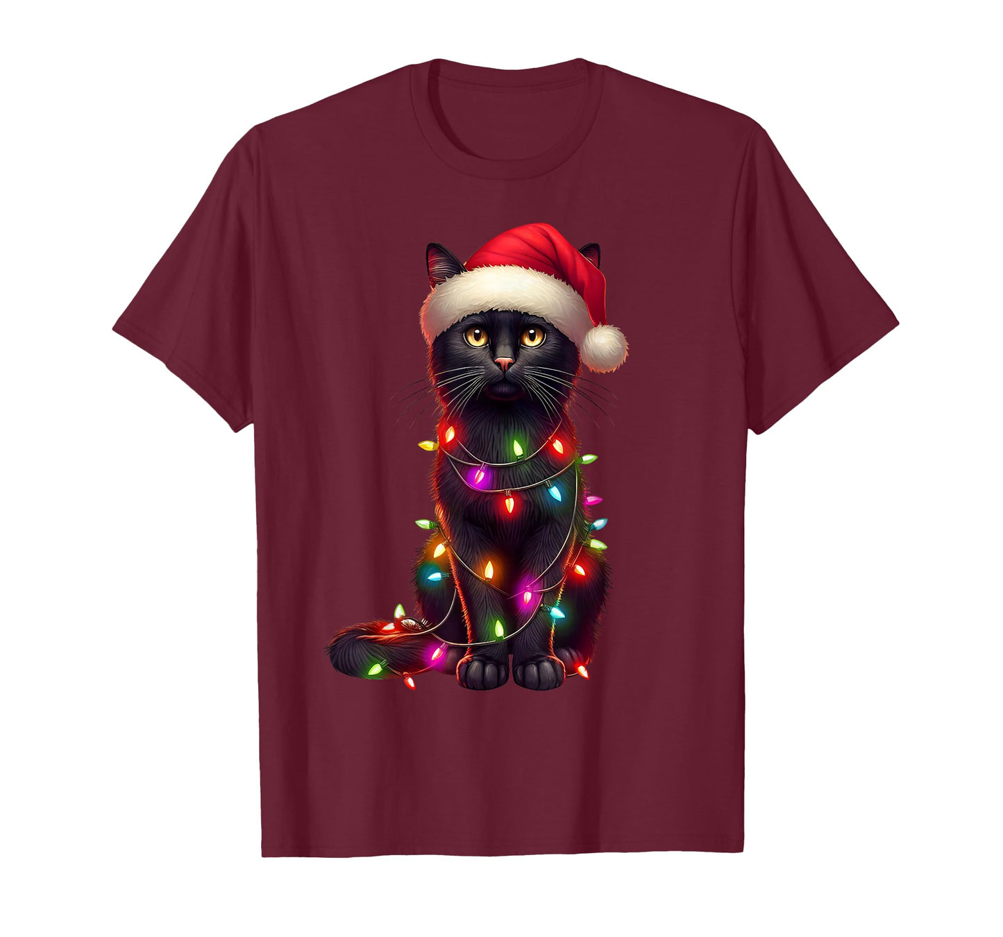 Black Cat Christmas Tree Lights Santa Xmas Pajama Cat Lover T-Shirt