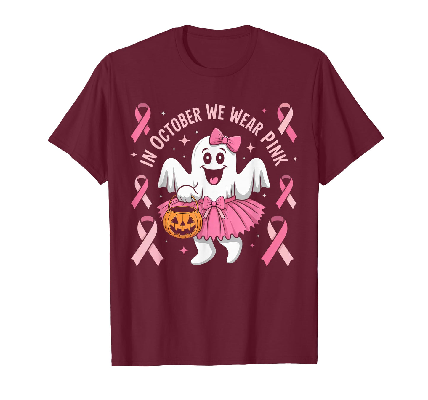 in October We Wear Pink Ghost Witch Breast Cancer Awareness T-Shirt