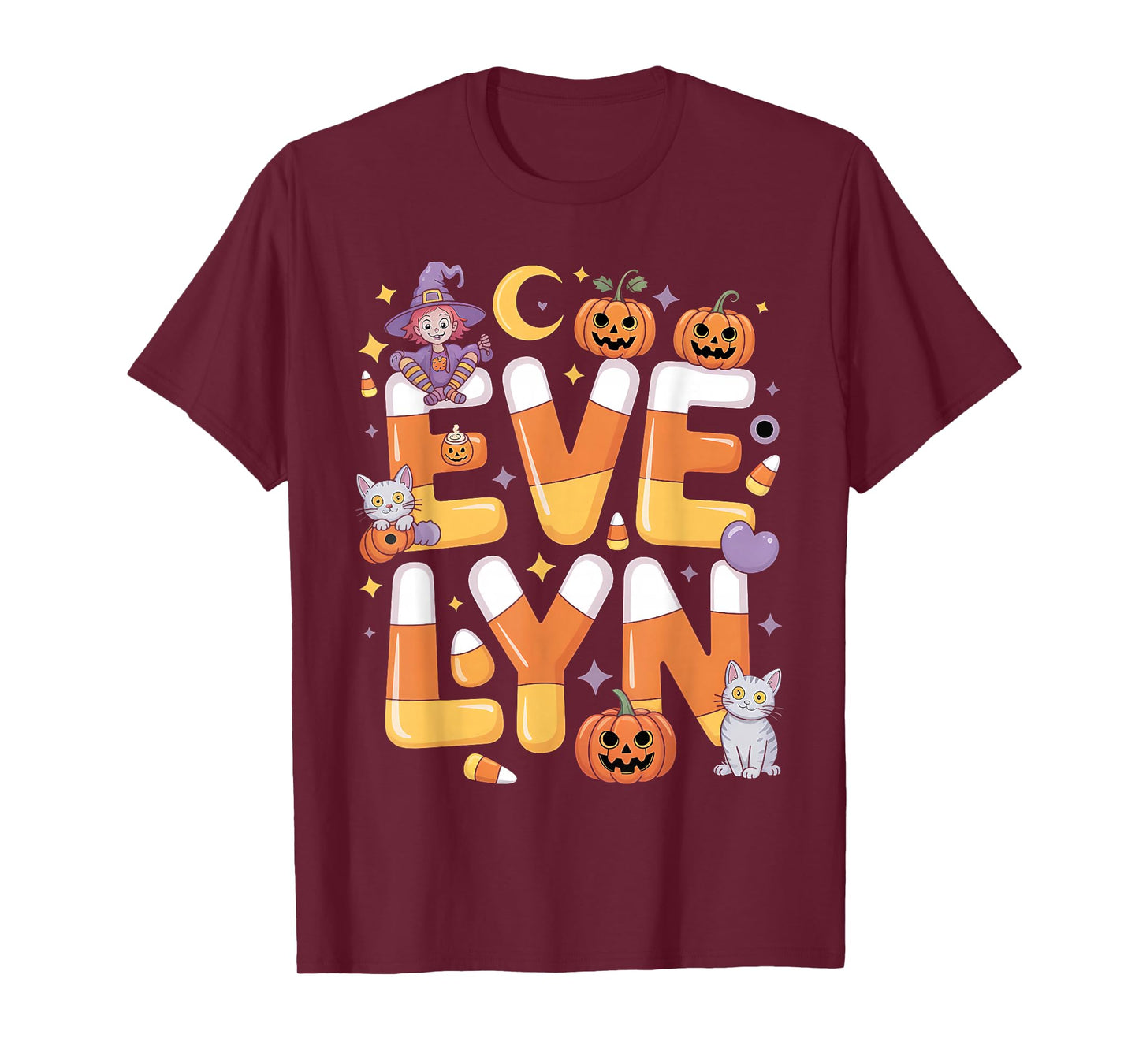 Evelyn Witch Candy Corn Cat Halloween Women and Girls T-Shirt