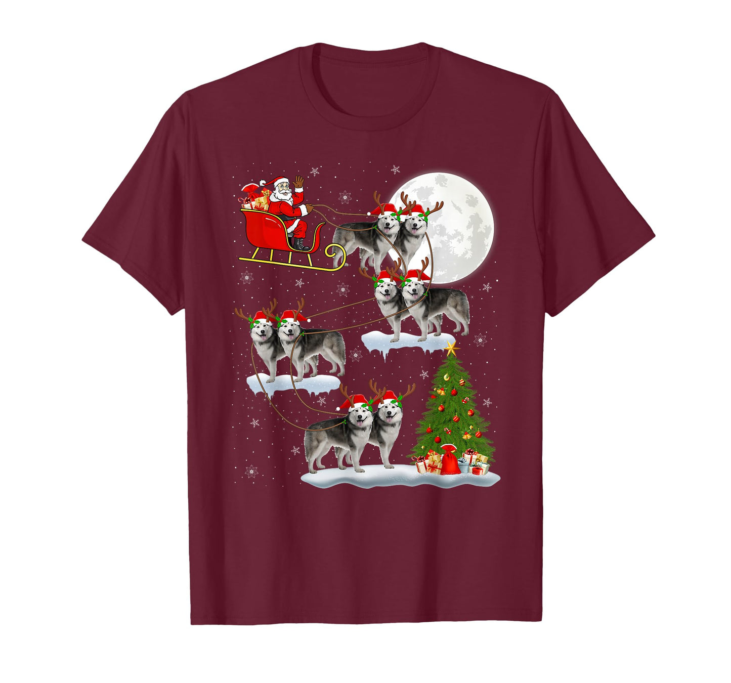 Alaskan Malamute Dog Santa Sleigh Flying Funny Christmas T-Shirt