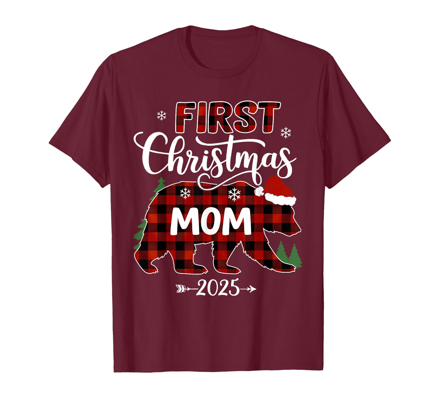 Pregnancy First Christmas Mom Red Plaid Bear Santa 2025 T-Shirt
