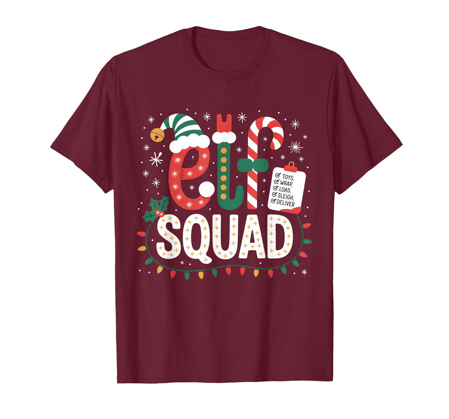 Elf Squad Santa Checklist Christmas Lights Family Kids Women T-Shirt