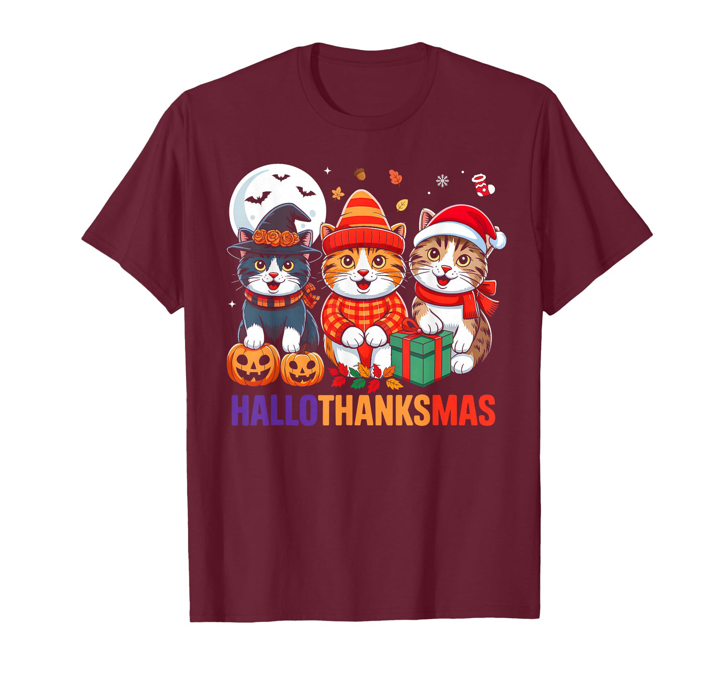 Cat Halloween Thanksgiving Christmas Happy HalloThanksMas T-Shirt