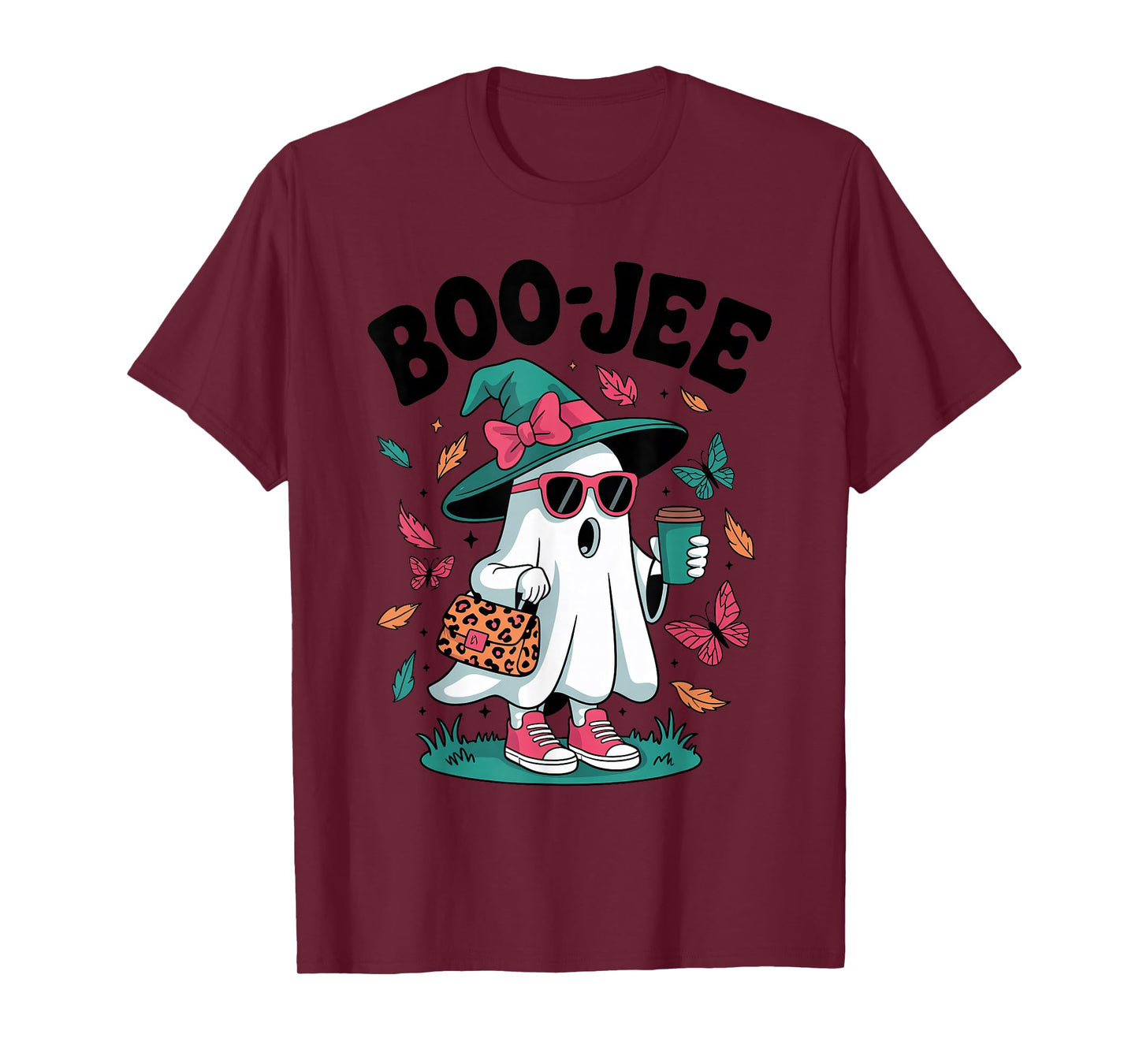 Boujee Leopard Print Ghost Witch Hat Halloween Women Girls T-Shirt