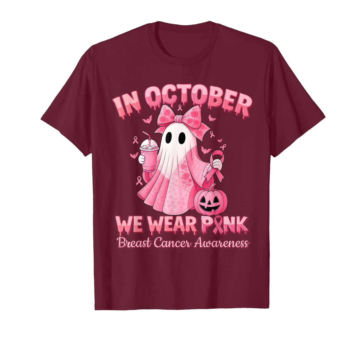 in October We Wear Pink Ghost Witch Breast Cancer Awareness T-Shirt