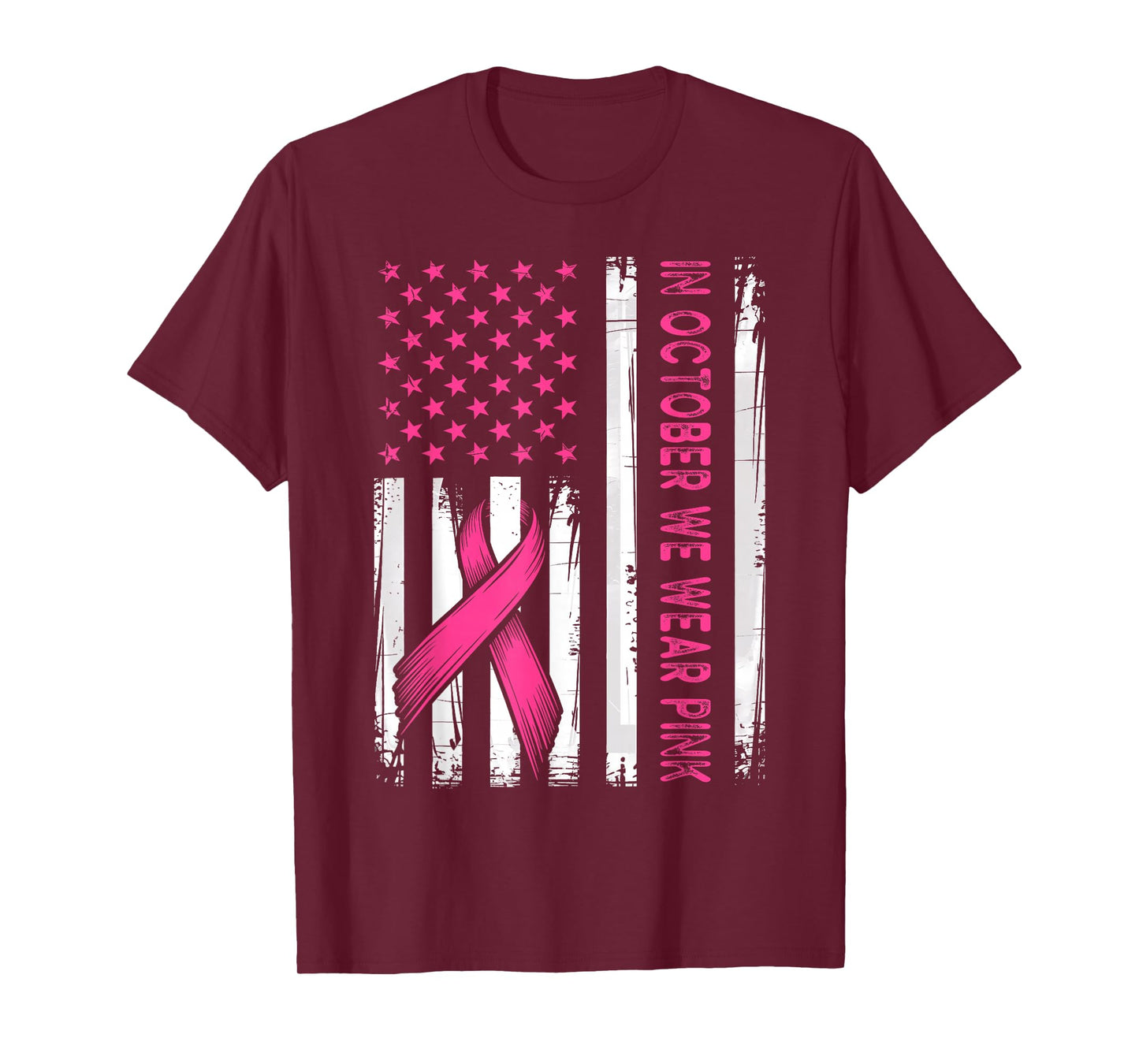 in October We Wear Pink Vintage American Flag T-Shirt