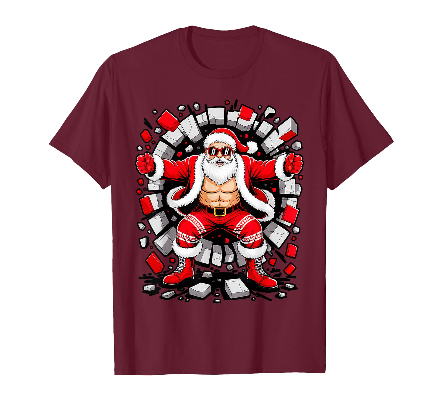 Santa Breaking Through Wall Xmas in July Boys Ugly Christmas T-Shirt
