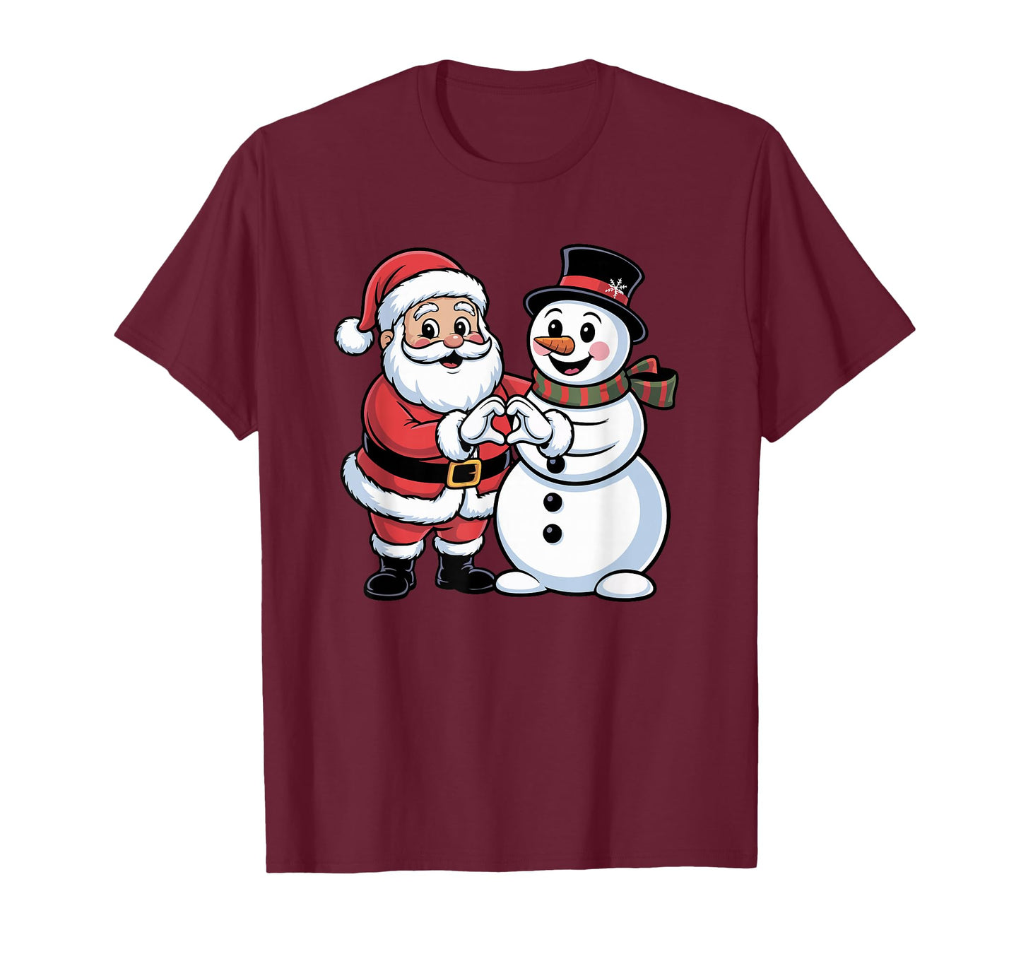 Santa Claus and Snowman Heart Hand Sign Christmas Kids Women T-Shirt