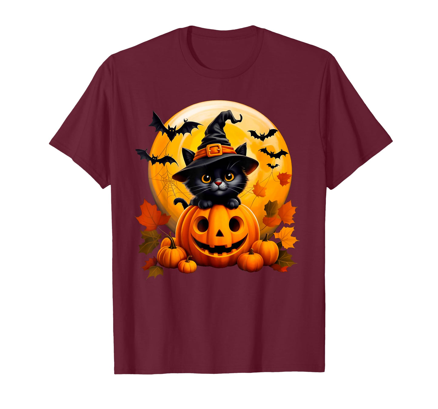 Black Witch cat with Pumpkins Bats for Autumn Fall Halloween T-Shirt