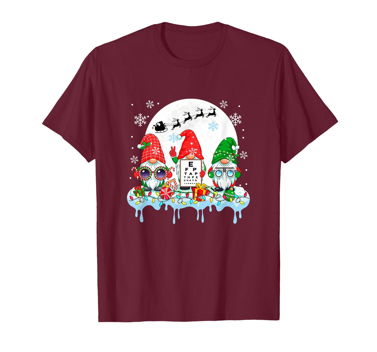 Three Colorful Gnomes with Optical Technician Tools Xmas T-Shirt