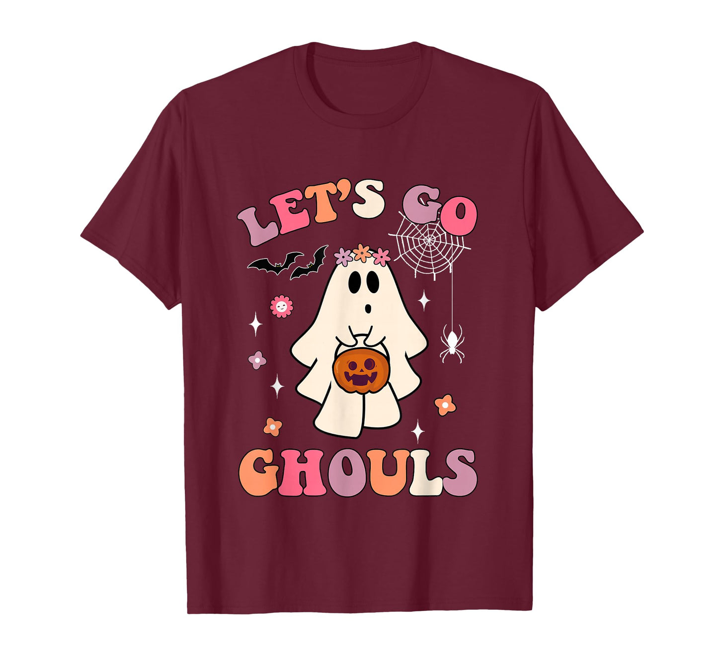 Funny Halloween Ghost Holding Pumpkin Let's Go Ghouls Groovy T-Shirt