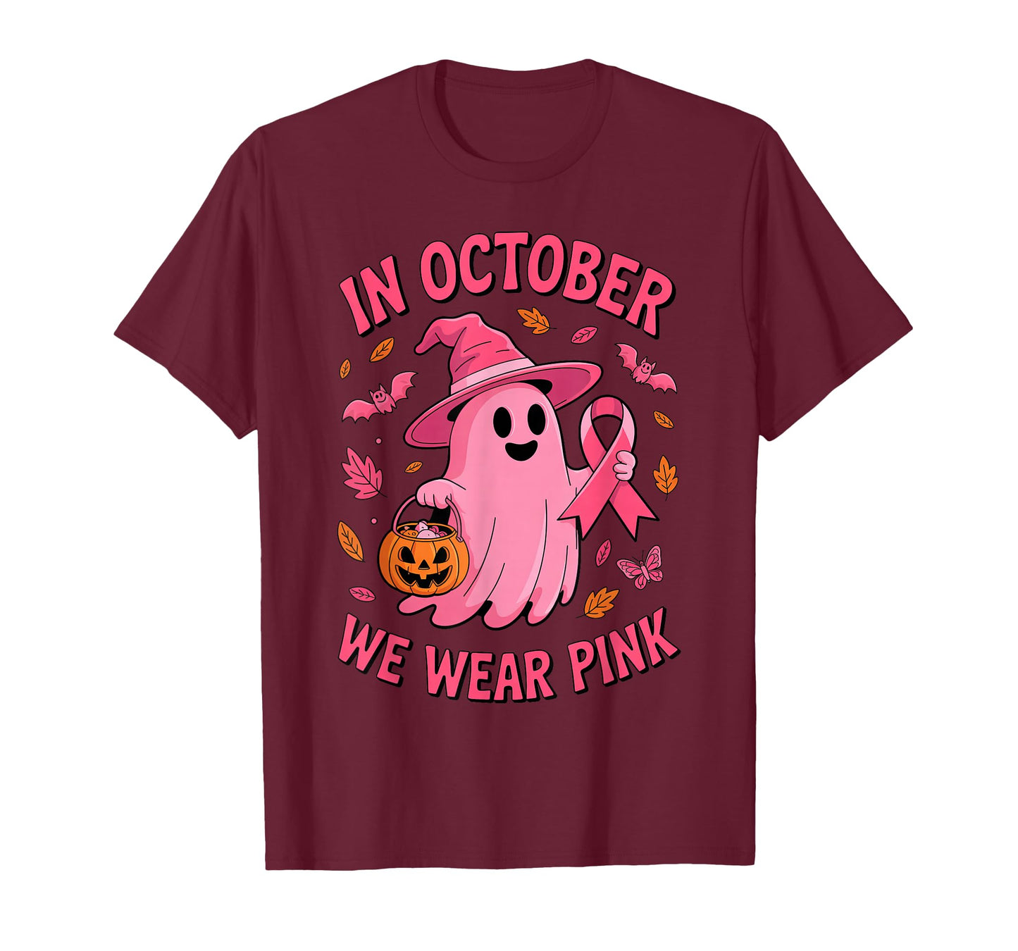 in October We Wear Pink Ribbon Ghost Halloween Breast Cancer T-Shirt