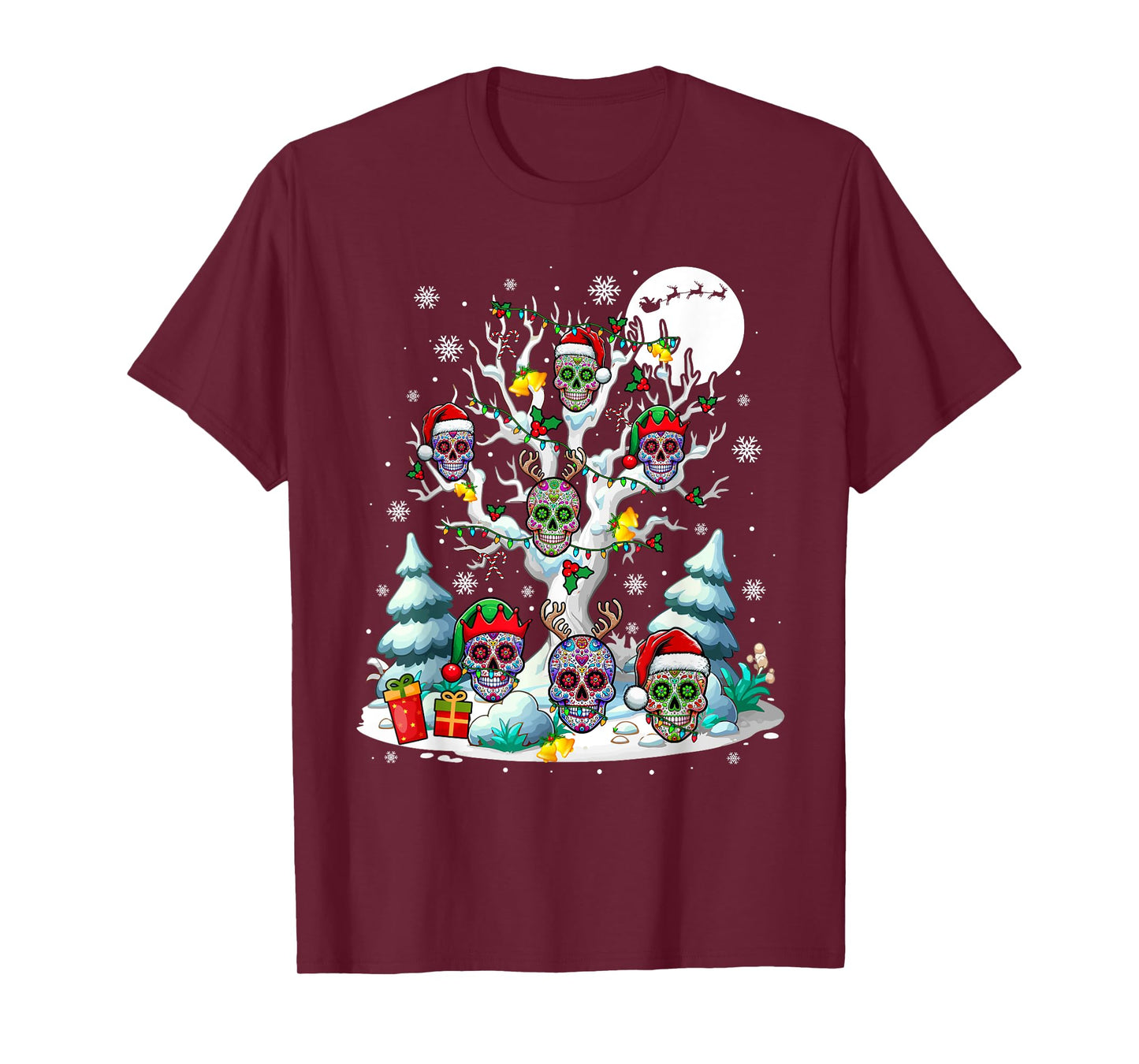 Group Santa Floral Skulls On Xmas Tree Snow Colorful Lights T-Shirt