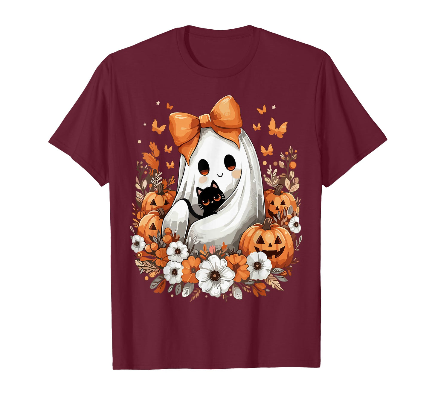 Halloween Vintage Ghost with Black Cat Pumpkin Flowers T-Shirt