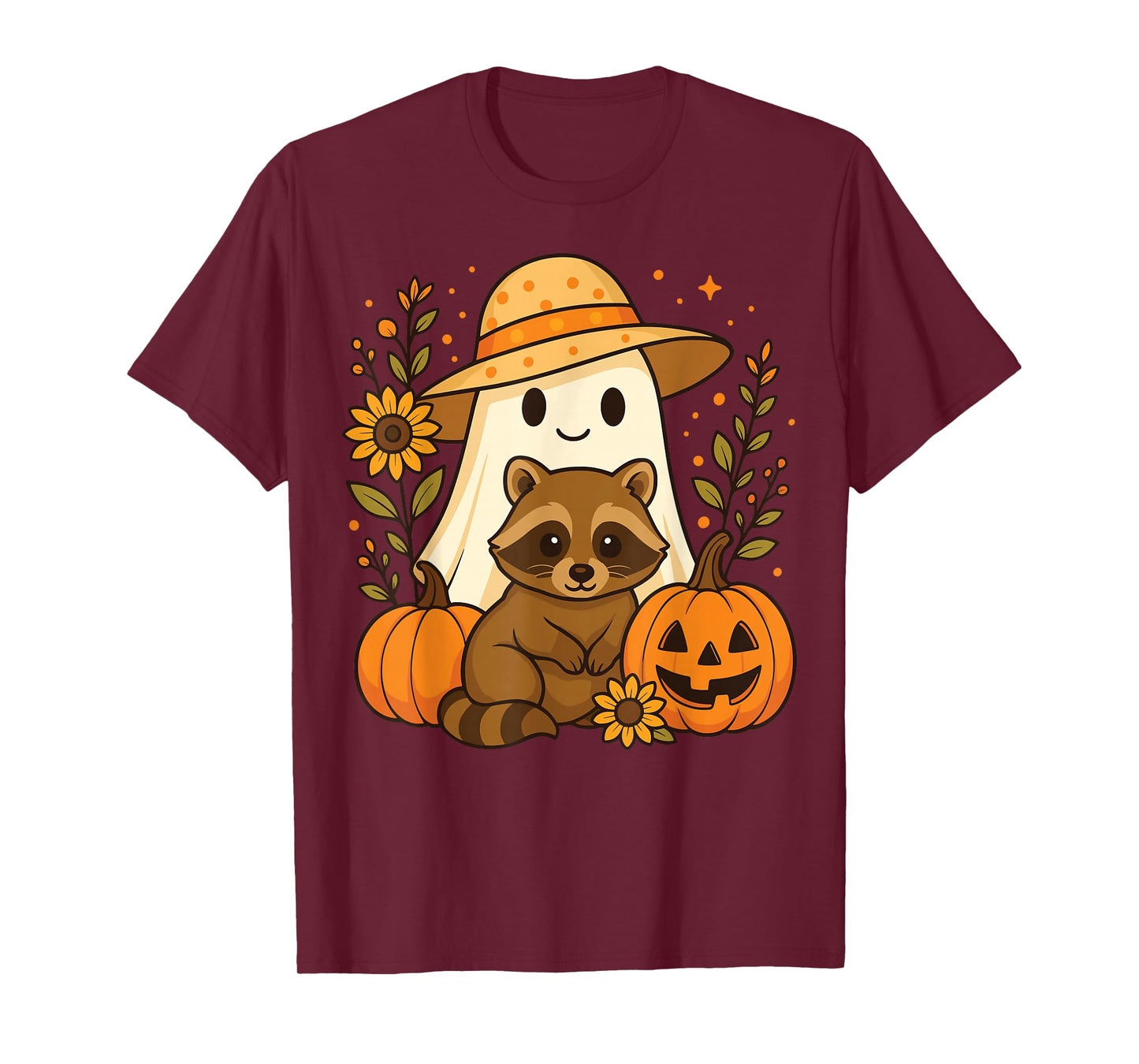 Vintage Halloween Ghost Holding Raccoon Groovy Floral Fall T-Shirt