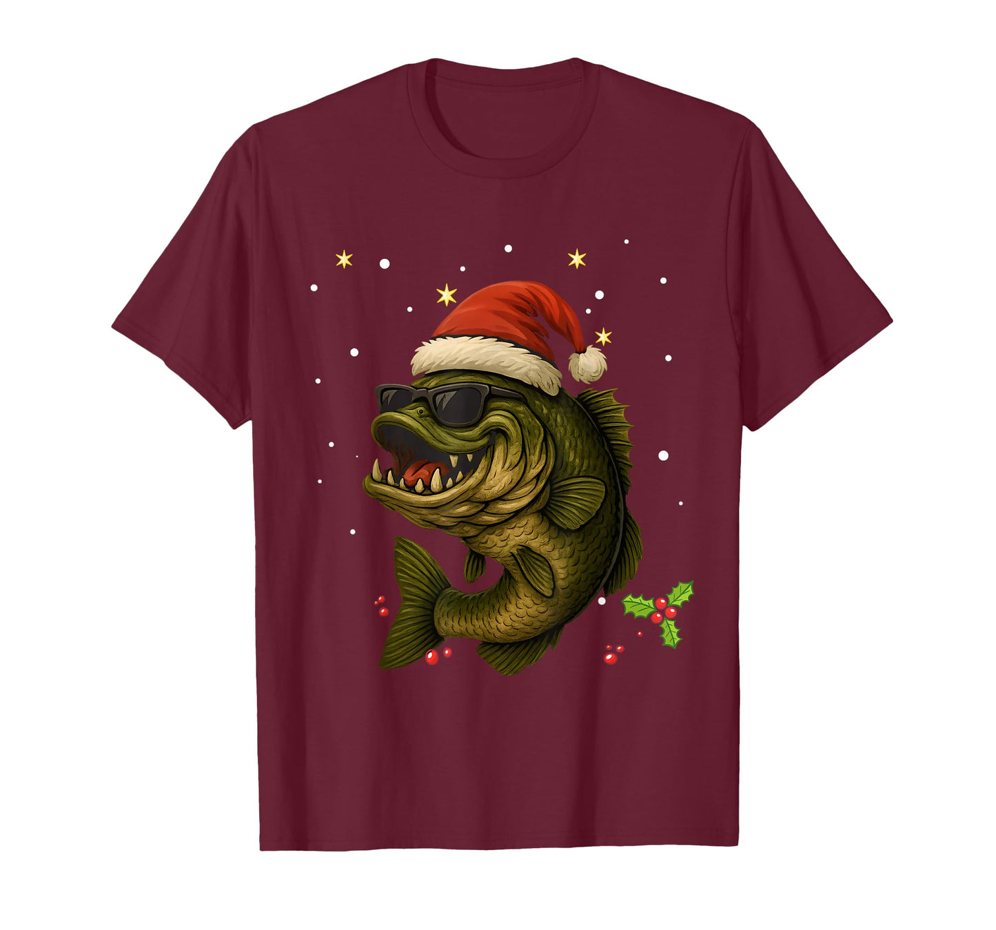 Santa Bass Fish with Sunglasses Holiday Tee Funny Christmas T-Shirt