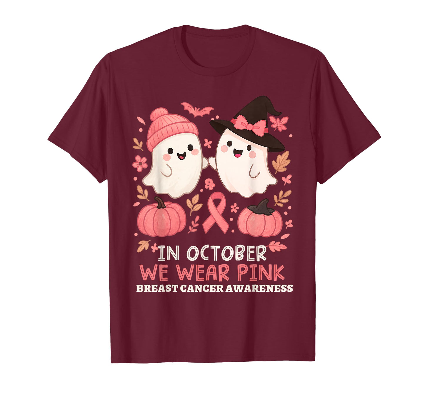 in October We Wear Pink Ghost Witch Breast Cancer Awareness T-Shirt