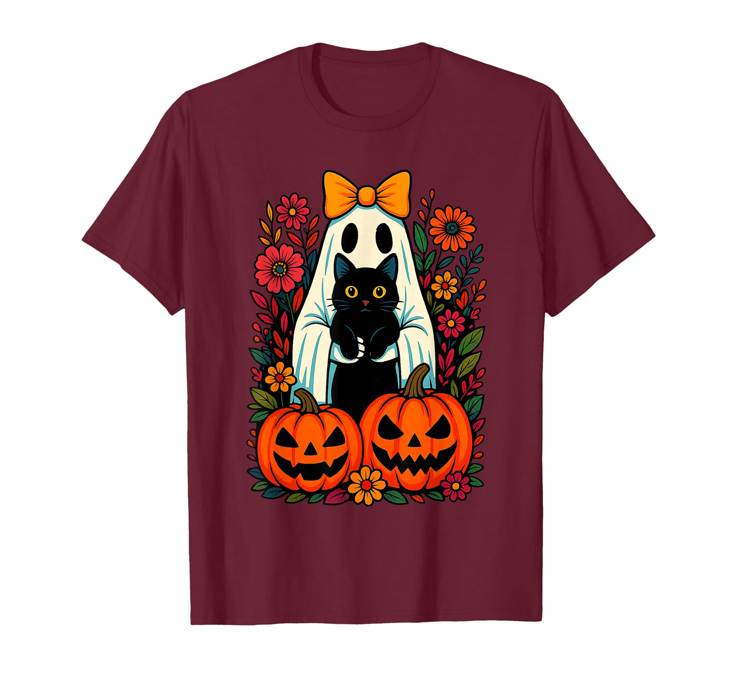 Retro Halloween Ghost Holding Black Cat Groovy Floral T-Shirt