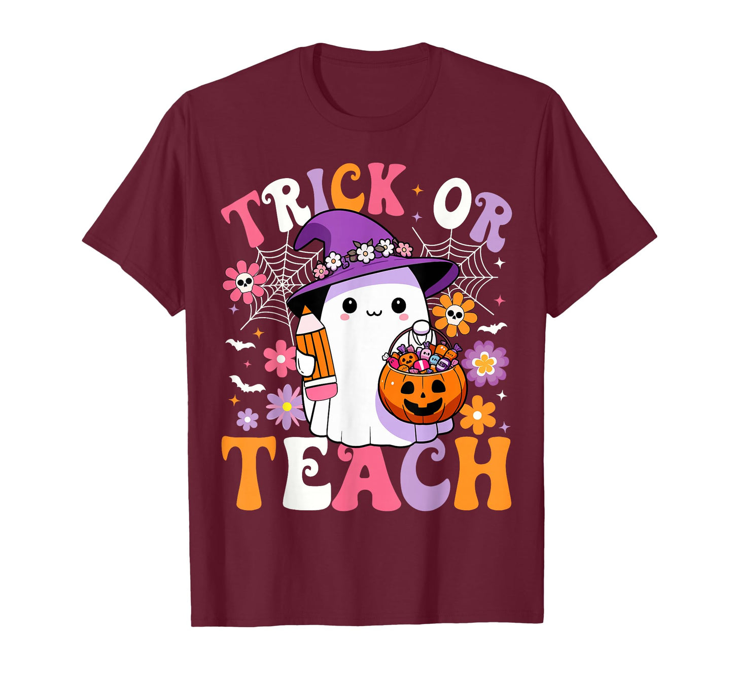Trick Or Teach Groovy Teacher Ghost Funny Halloween Teacher T-Shirt