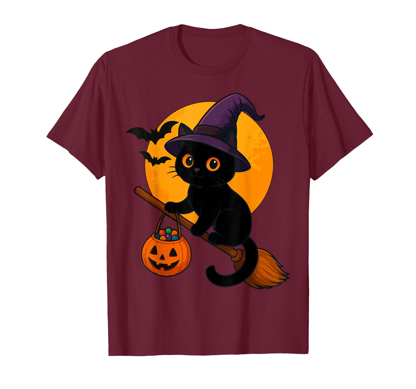 Cute Black Cat Witch on Broom Halloween Costume Moon Pumpkin T-Shirt