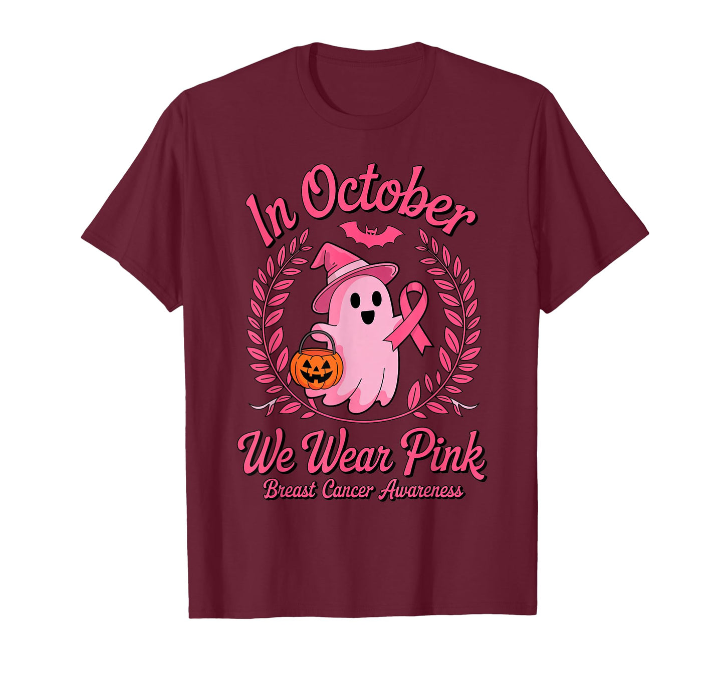 in October We Wear Pink Halloween Ghost Witch Breast Cancer T-Shirt