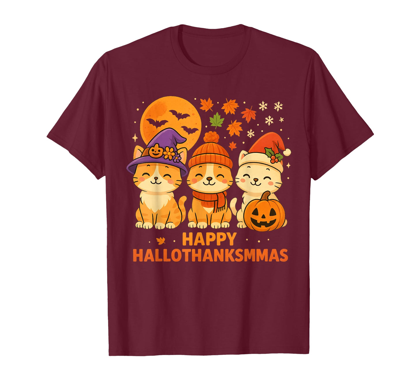 Halloween Thanksgiving Christmas Happy HalloThanksMas Cats T-Shirt