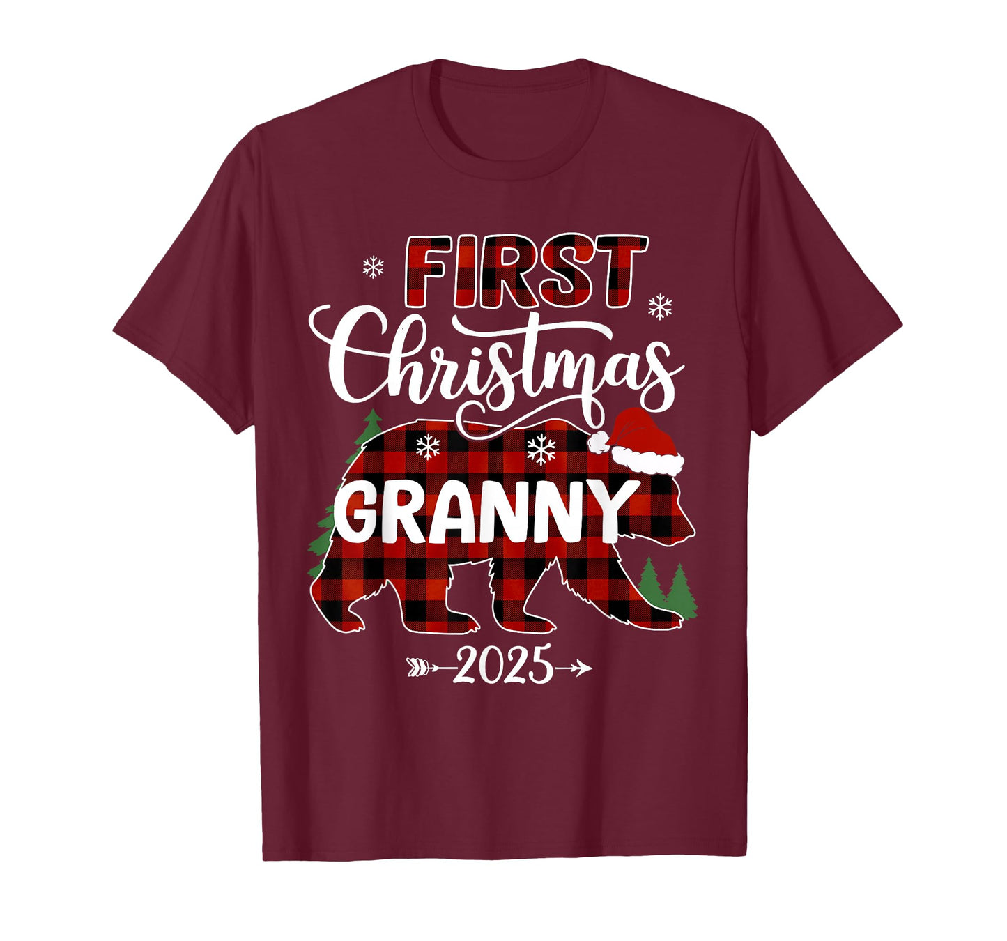 Pregnancy First Christmas Granny Red Plaid Bear Santa 2025 T-Shirt