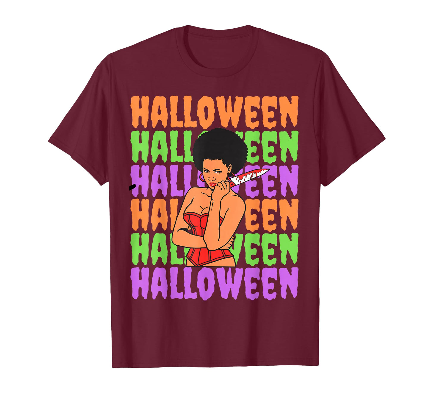 Funny Melanin Halloween Black Girl Magic Scary Blood Knife T-Shirt