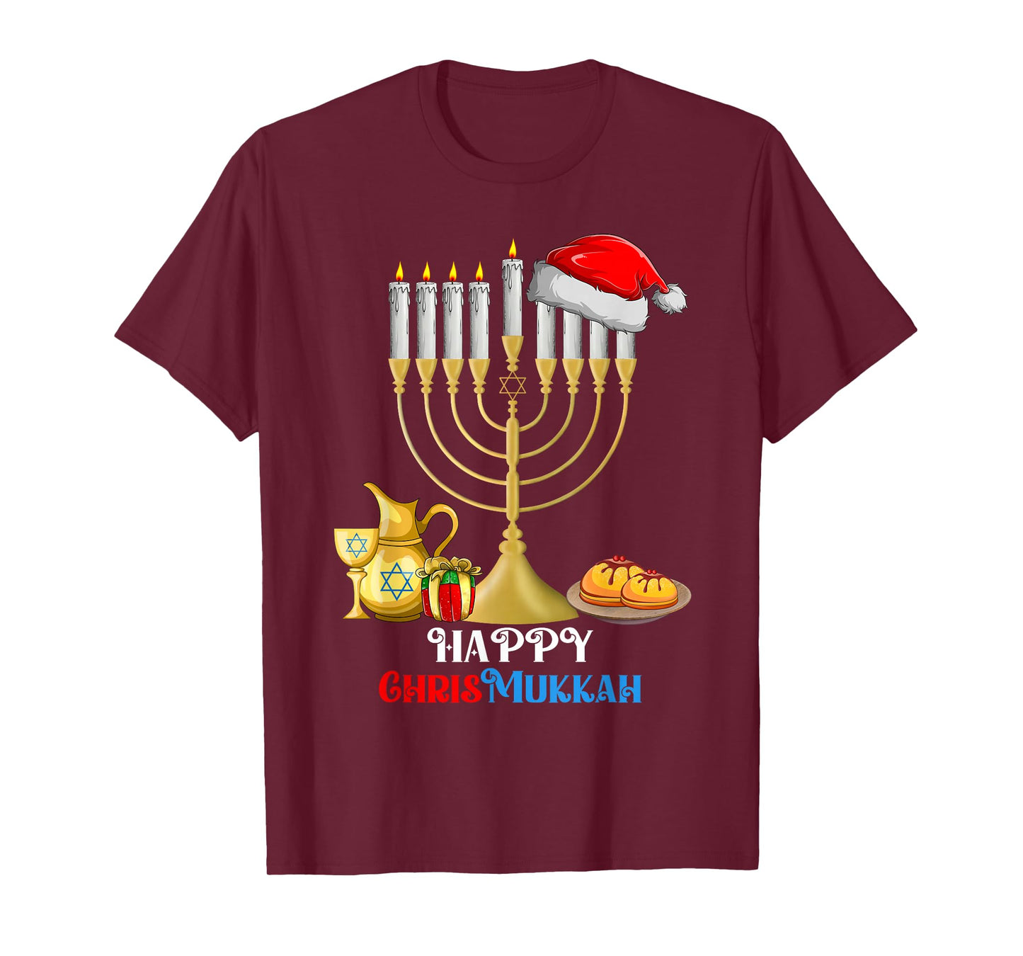 Happy Chrismukkah Menorah Santa Hat Christmas Hanukkah T-Shirt
