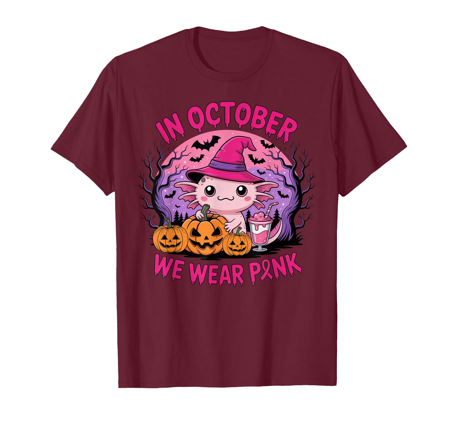 in October We Wear Pink Kawaii Axolotl Witch Pumpkins Squad T-Shirt