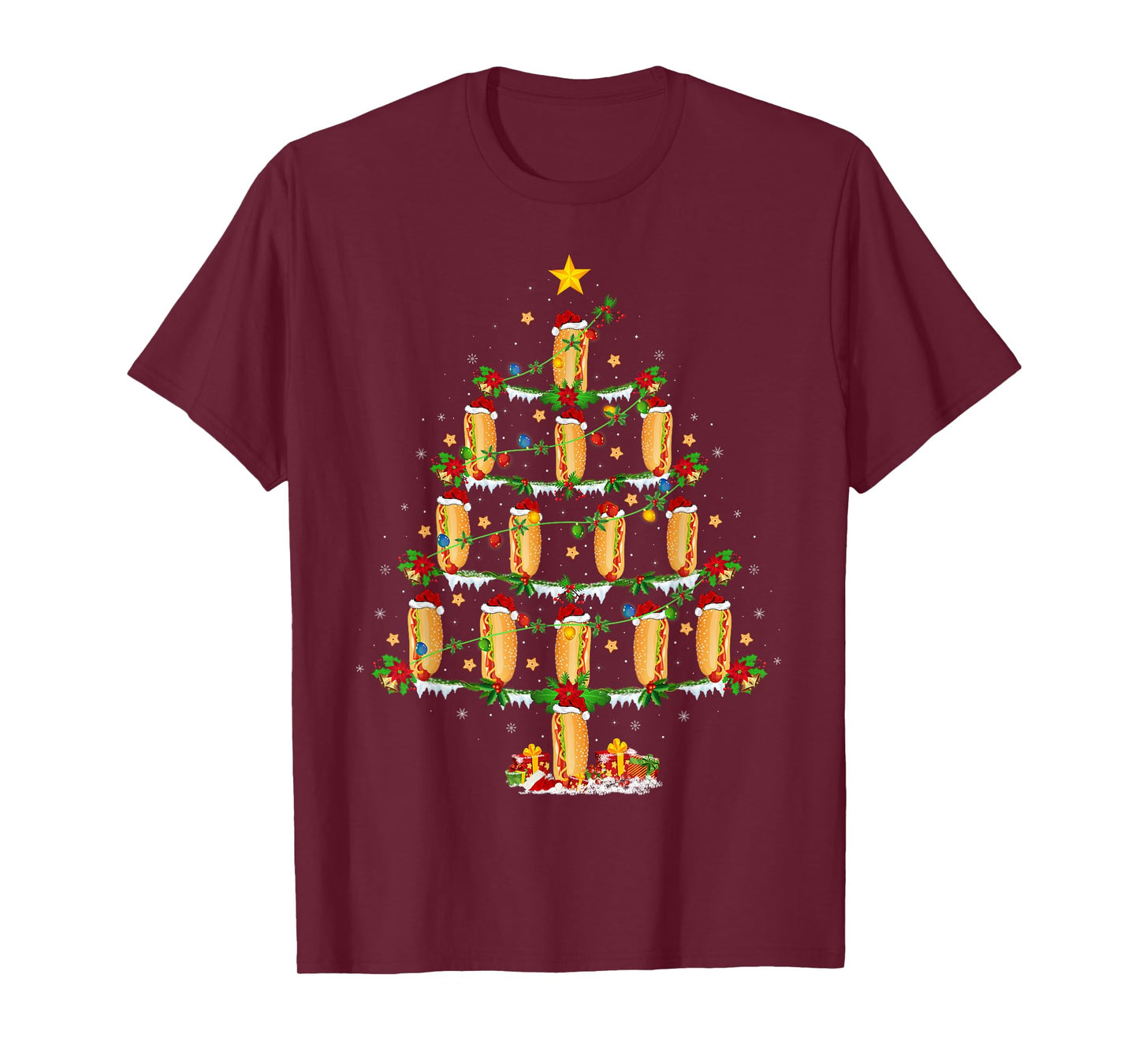 Hot Dogs Christmas Tree Lights Funny Fast Food Hotdog Xmas T-Shirt