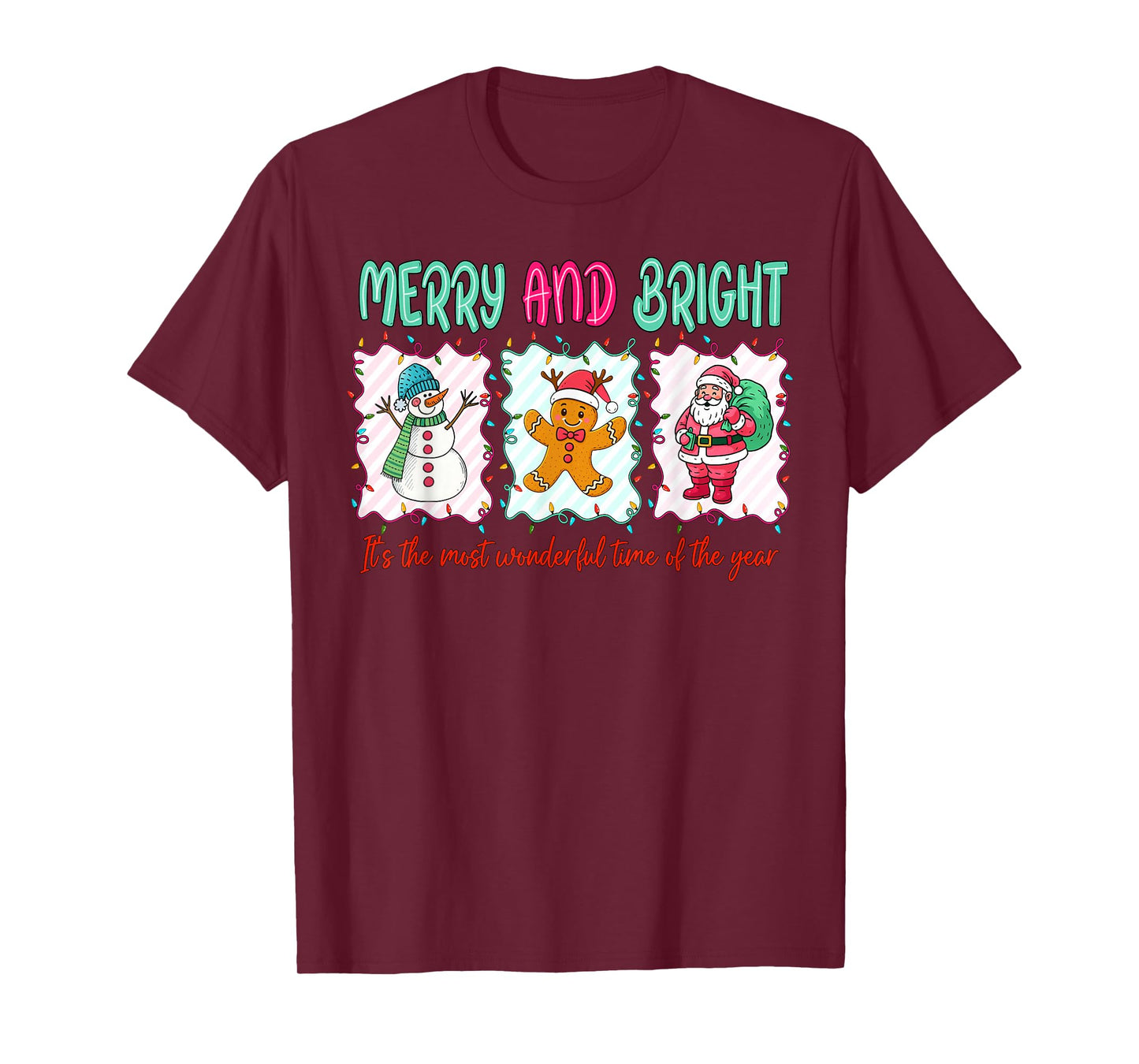 Merry and Bright Gingerbread Santa Snowman Christmas Women T-Shirt