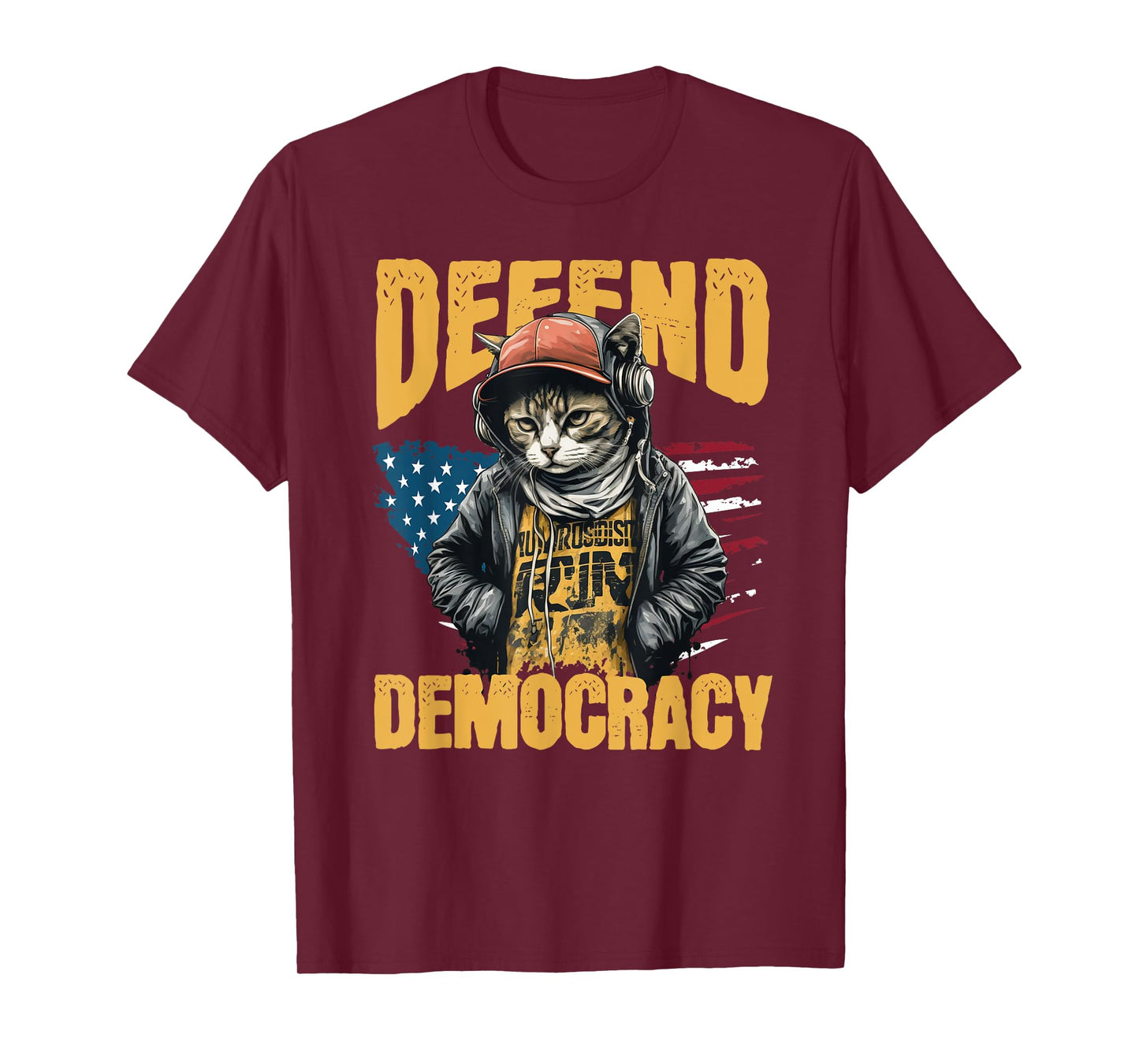 Defend Democracy Protect Our Right Vintage US Flag Urban Cat T-Shirt