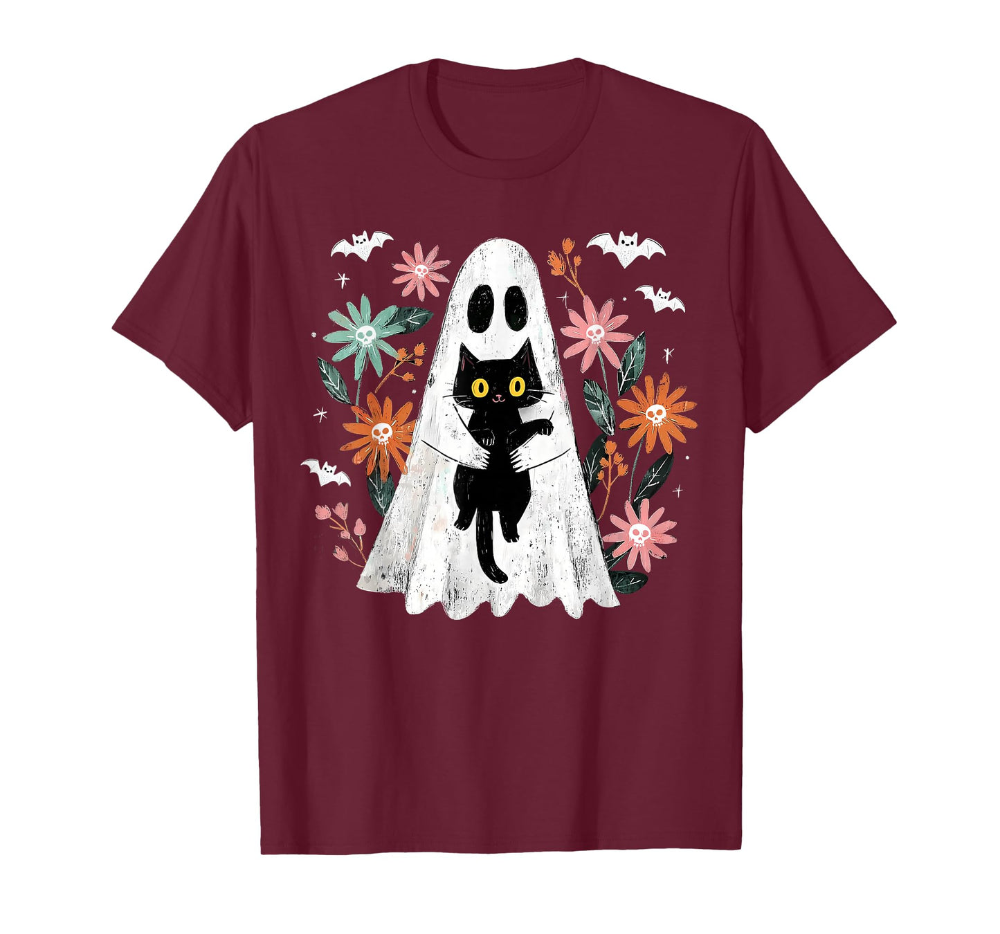 Spooky Ghost Hugging Black Cat Gothic Halloween Floral Skull T-Shirt