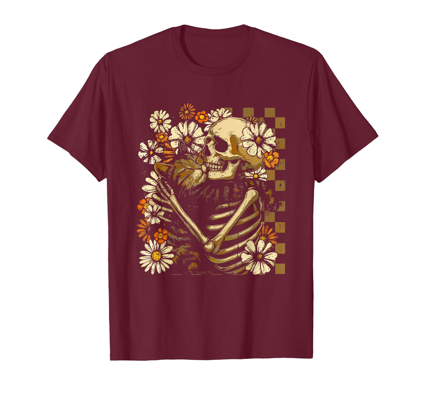 Floral Skeleton Hugging Cat Halloween Cat Lover Cat Mom T-Shirt