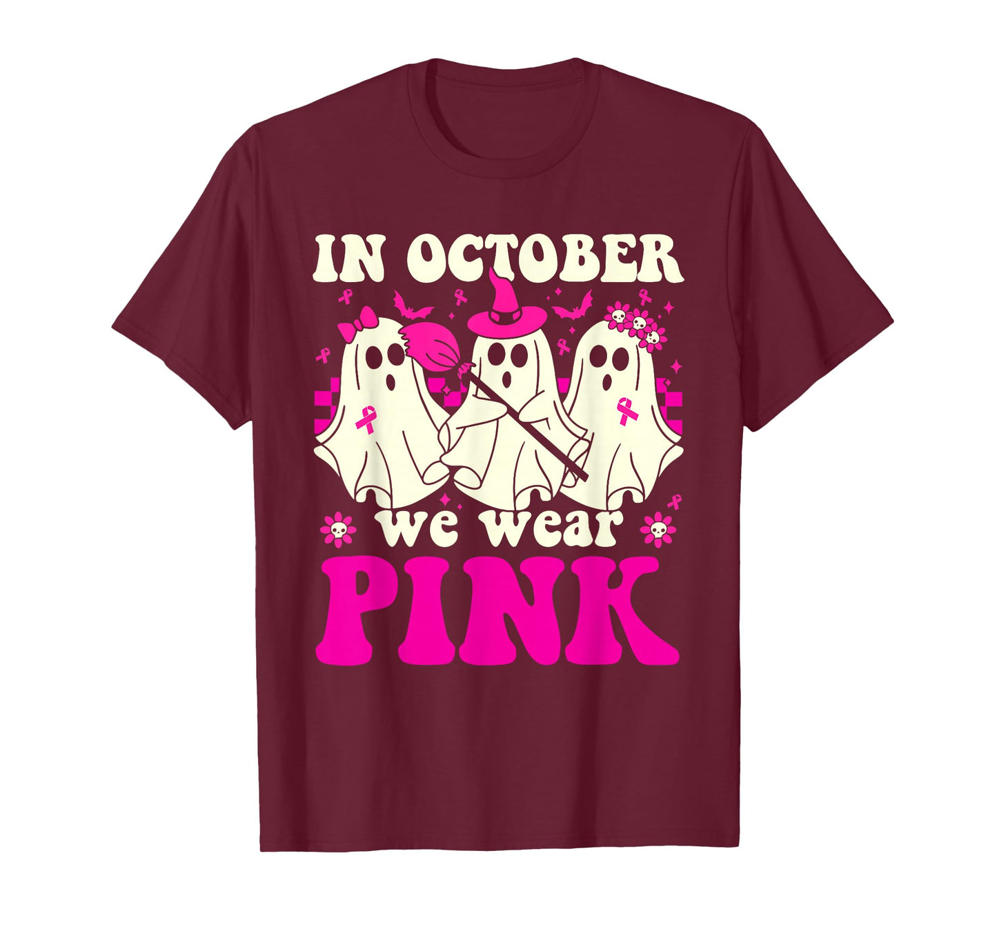 in October We Wear Pink Ghost Witch Breast Cancer Awareness T-Shirt