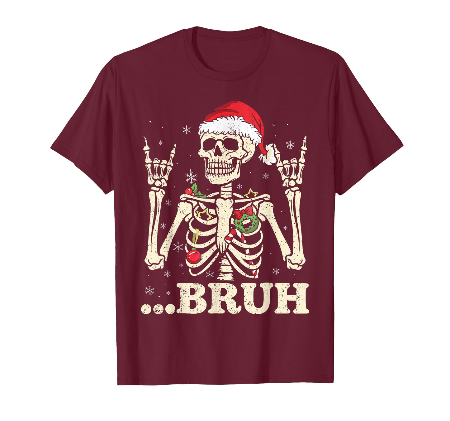 Rock On Skeleton Santa Hat Bruh Meme Xmas Punk Rock Men Boys T-Shirt