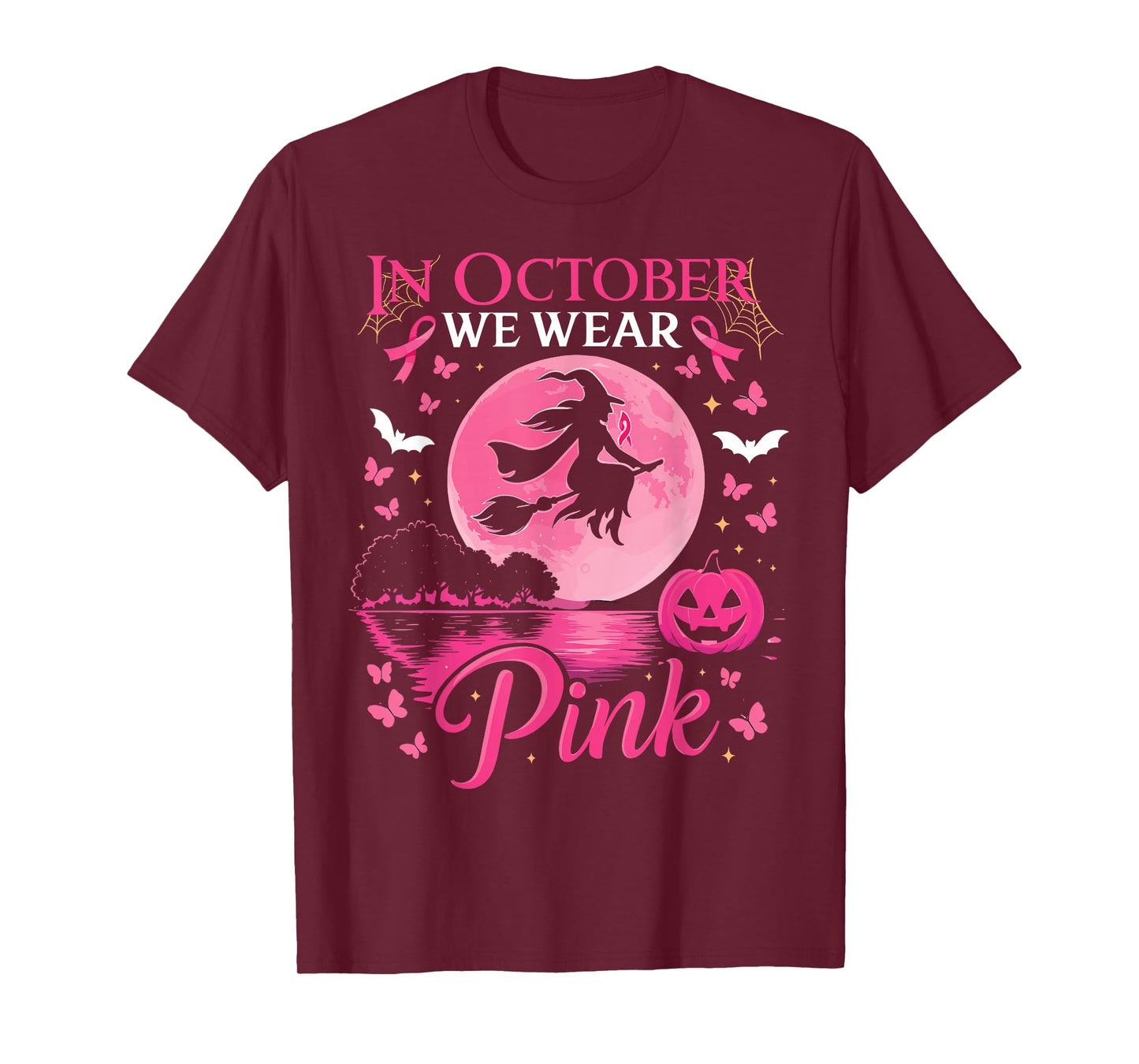 in October We Wear Pink Ribbon Witch Halloween Shirt T-Shirt
