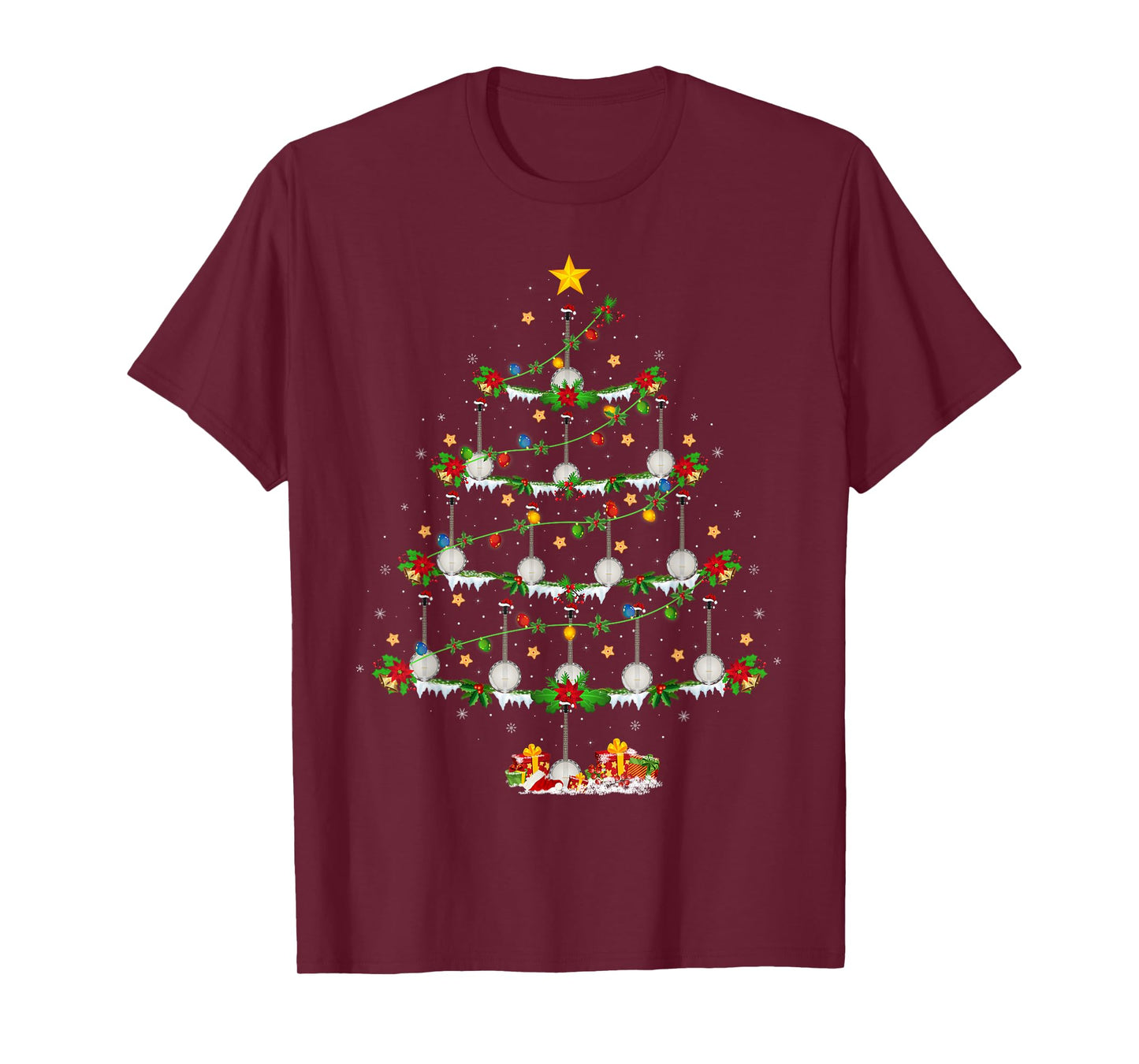 Musical Banjo Christmas Tree Lights Funny Music Lover Xmas T-Shirt