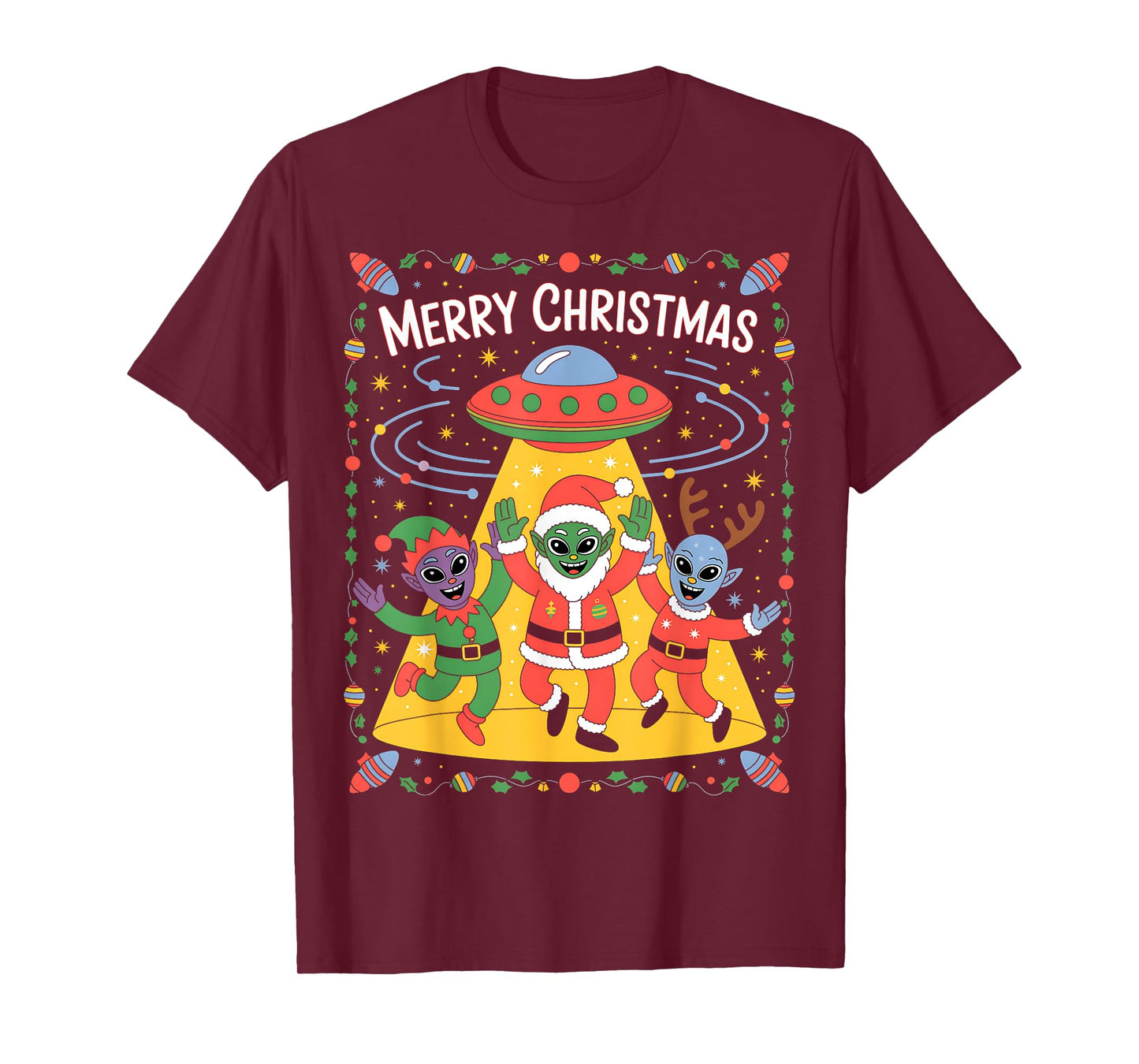 Funny Alien Trio Merry Ugly Christmas Santa Hat Gifts Xmas T-Shirt
