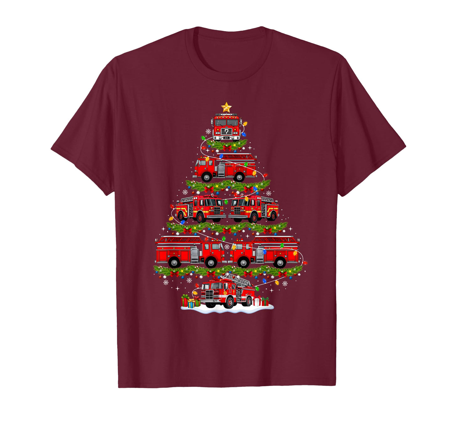 Fire Truck Firefighter Christmas Tree Lights Xmas Pajamas T-Shirt