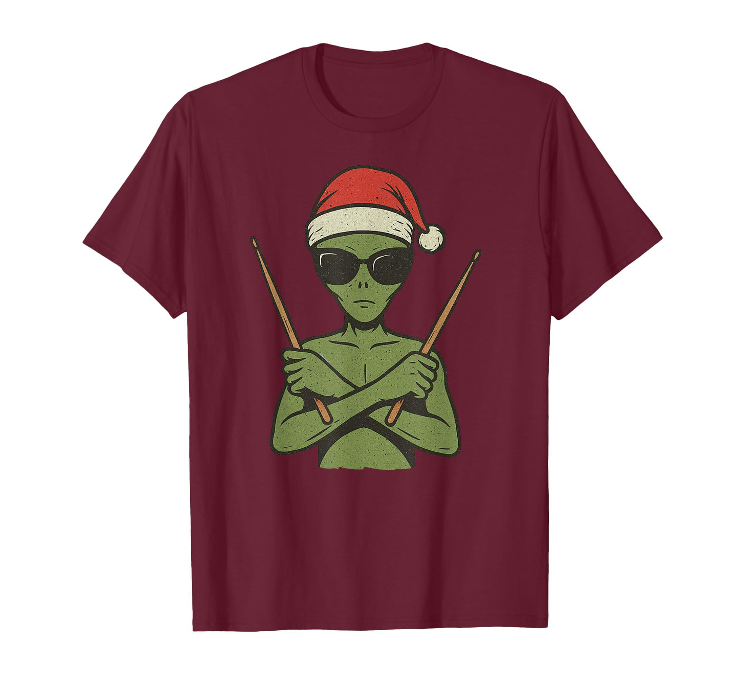 Alien Playing Drums Christmas Vintage Funny Drummer Xmas T-Shirt