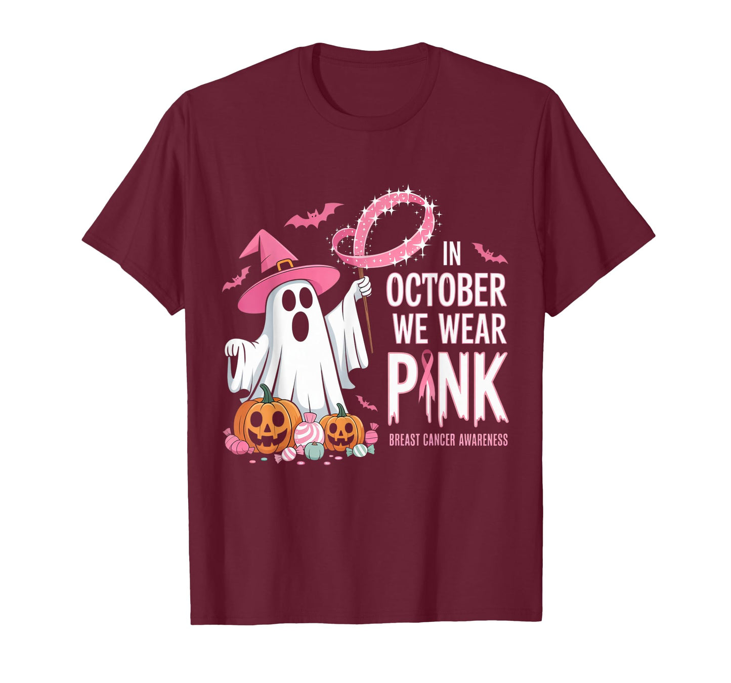 in October We Wear Pink Ghost Witch Breast Cancer Awareness T-Shirt