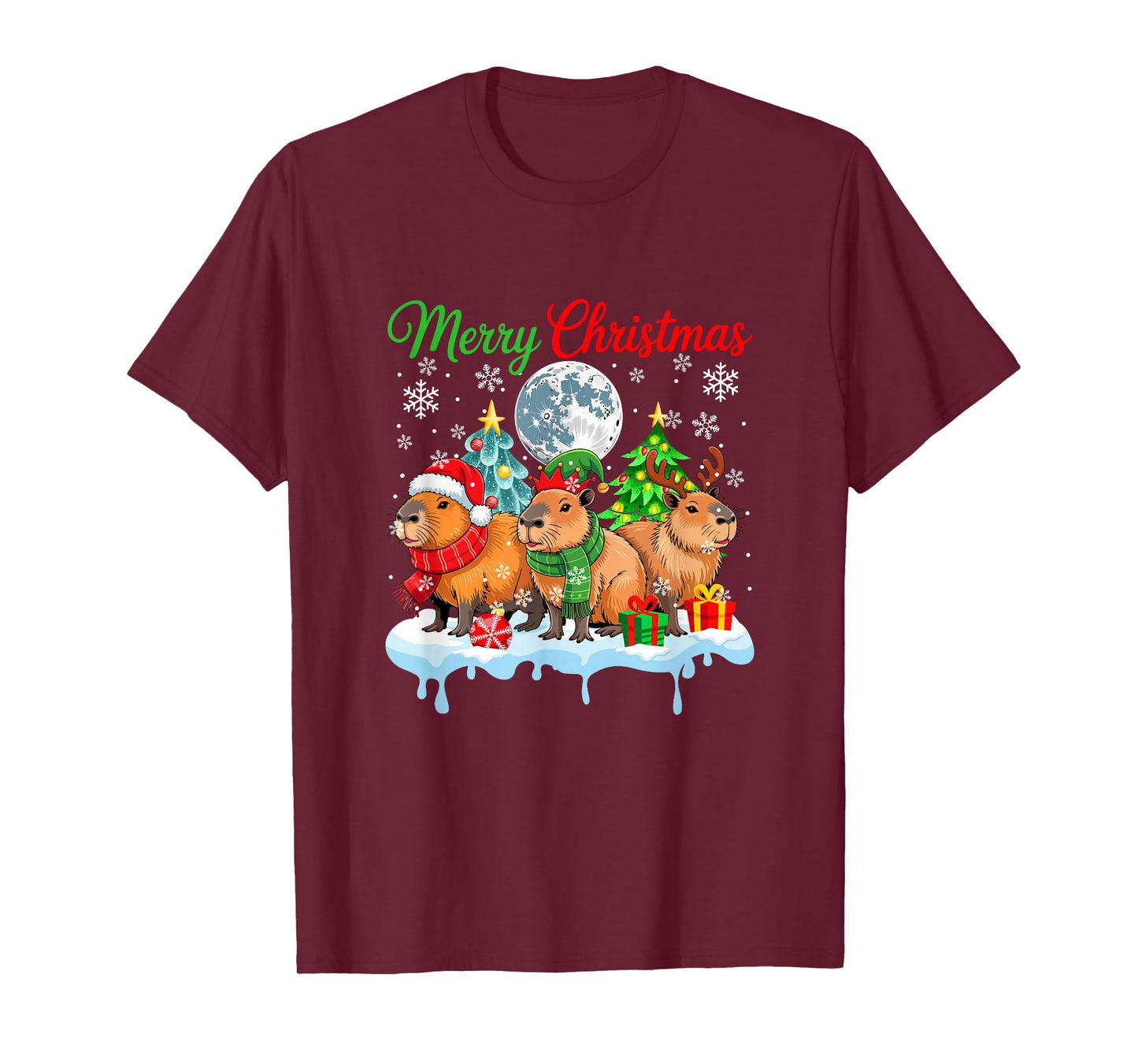 Merry Christmas Three Santa Elf Reindeer Capybaras Rodent T-Shirt