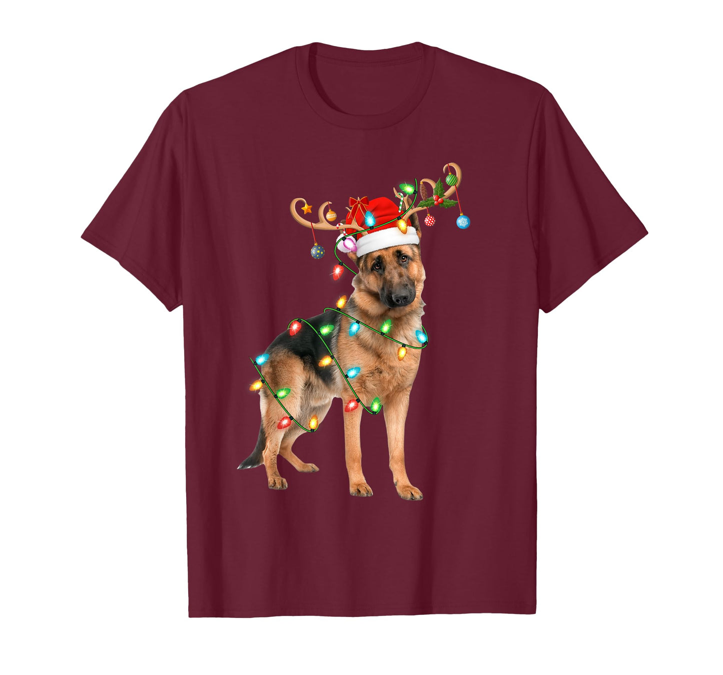 German Shepherd Christmas Lights Reindeer Santa Hat Dog Xmas T-Shirt